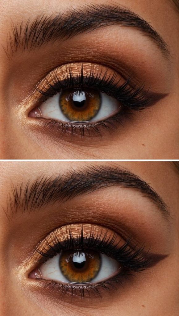 Eye showcasing a thanksgiving eye makeup idea with warm copper shimmer, subtle golden tones, and softly diffused brown shadow in the crease and outer corner.