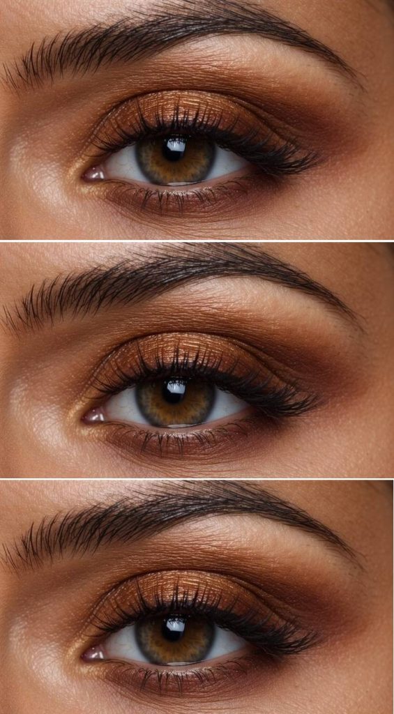 Thanksgiving eye makeup idea featuring soft pumpkin-toned shimmer, bronze lids, and a matte brown crease that blends into warm outer corners.