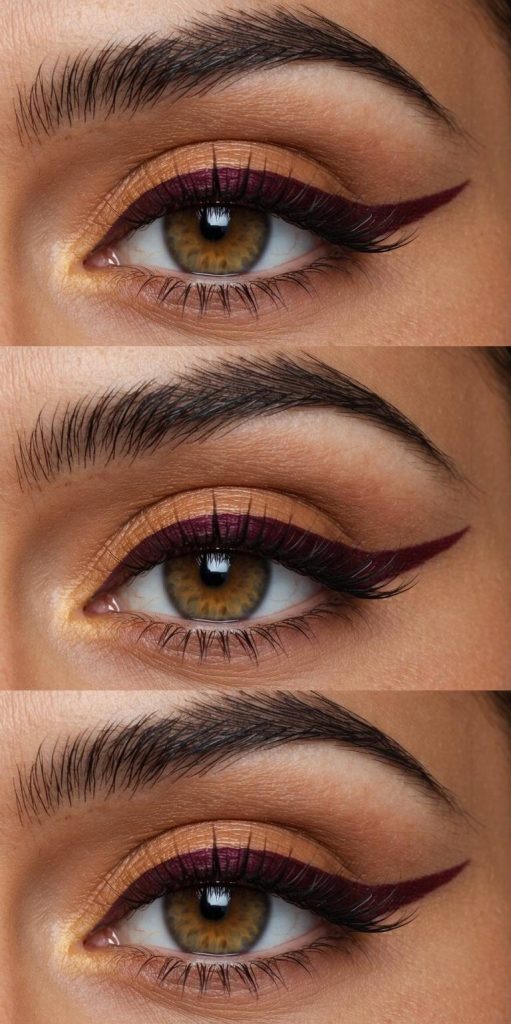 Thanksgiving eye makeup idea showing a sharp burgundy eyeliner paired with amber lids and golden tear duct shimmer for contrast.