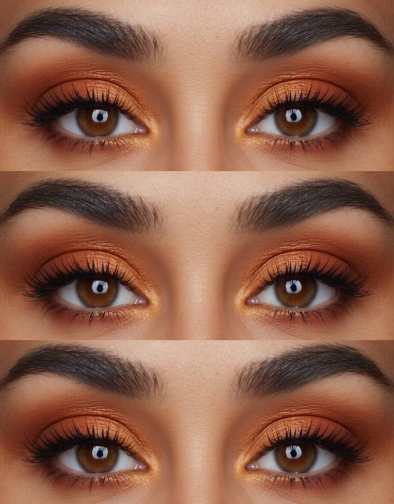 Thanksgiving eye makeup idea showcasing rich orange eyeshadow with golden undertones, seamlessly blended into warm brown for a cozy fall-inspired finish.
