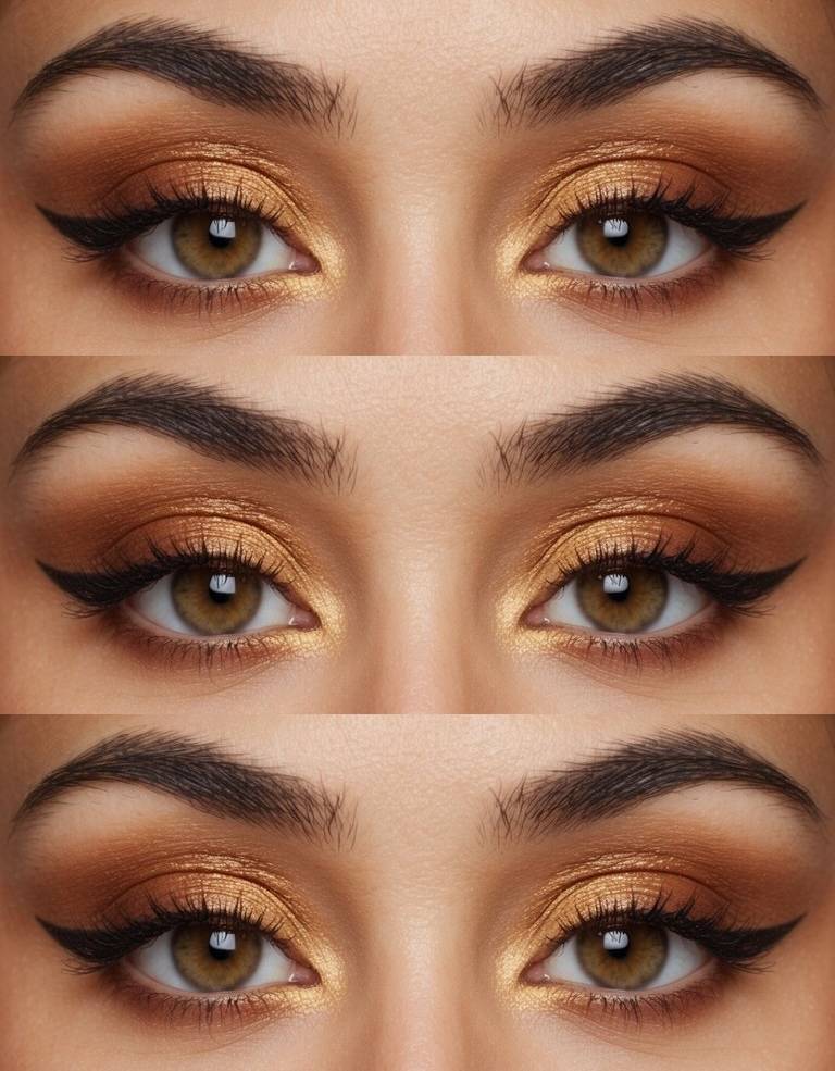 Thanksgiving eye makeup idea with metallic gold shimmer on the lids and warm cinnamon-brown eyeshadow softly blended into the crease and lower lash line.