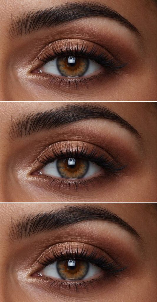 Thanksgiving eye makeup idea with a bronze shimmer eyeshadow and a softly smoked cocoa crease for a naturally radiant fall-inspired eye look.
