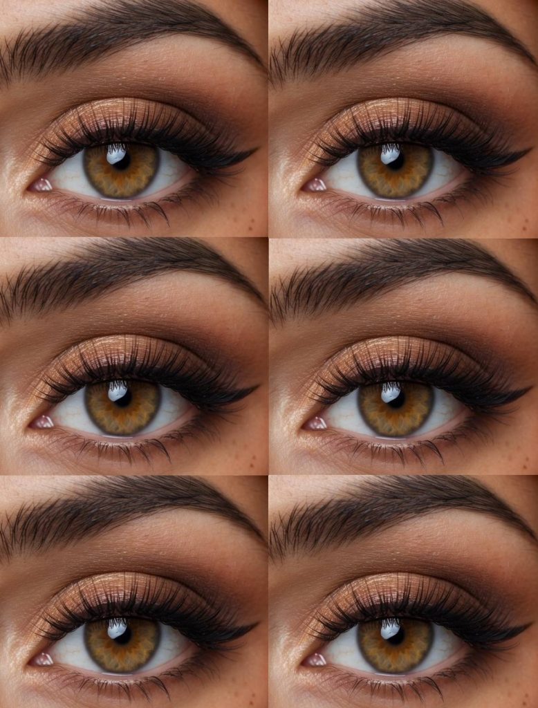 Thanksgiving eye makeup idea with champagne copper shimmer shadow and subtle matte brown definition in the crease, blending softly for an elegant finish.