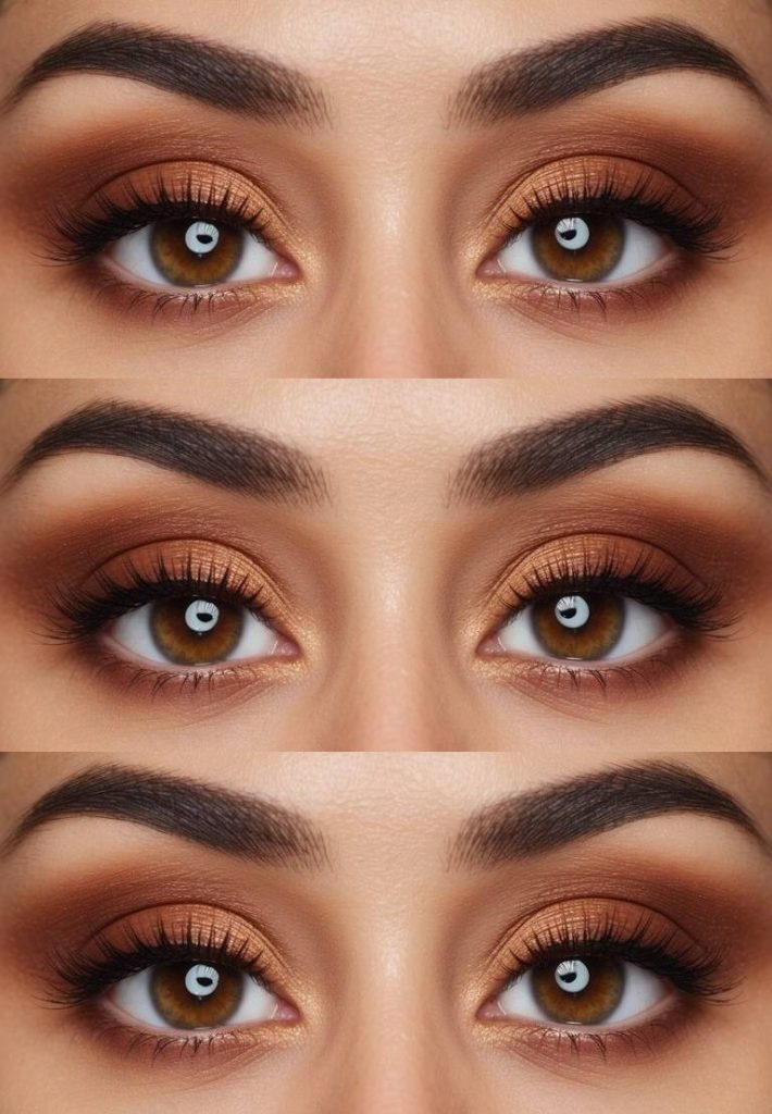 Thanksgiving eye makeup idea with golden copper shimmer on the lids and rich chestnut brown shadow blended into the crease for a festive fall look.