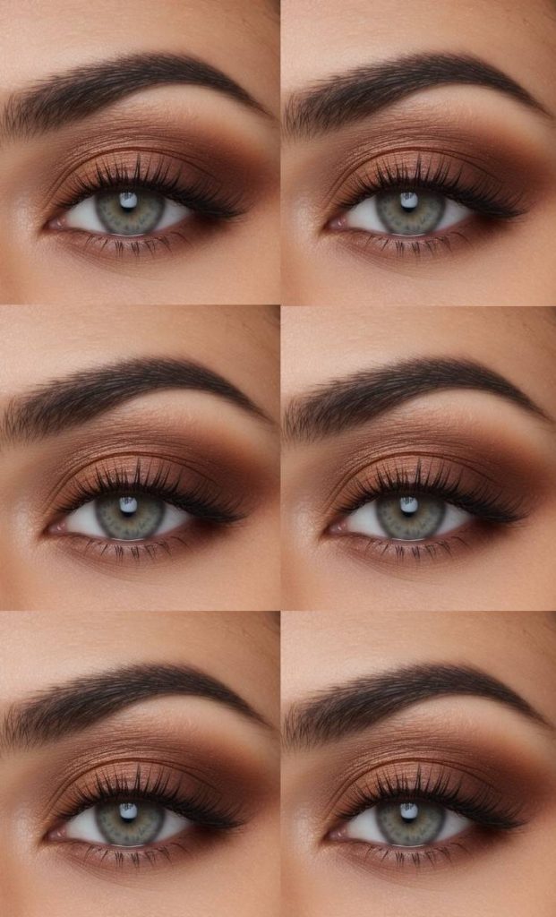 Thanksgiving eye makeup idea showing soft cinnamon brown shimmer on the lid, blended with warm matte brown tones for a cozy, elegant look.