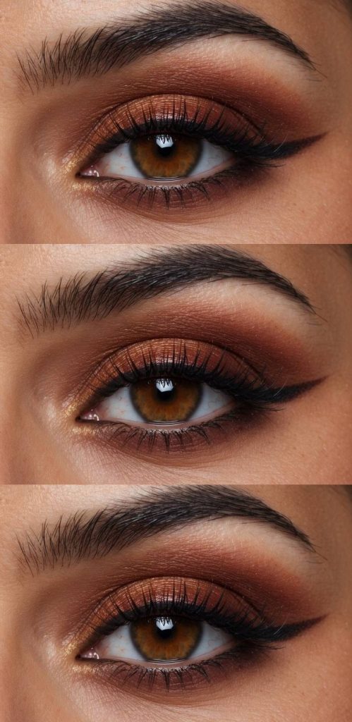 Thanksgiving eye makeup idea with rich copper shimmer on the lids, russet brown crease, and a sharp wing liner for a bold seasonal look.
