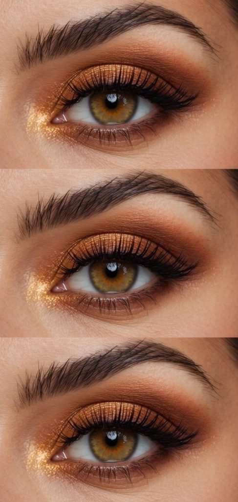 Thanksgiving eye makeup idea featuring metallic copper shimmer, golden inner corner highlight, and a sienna-toned outer corner for a warm and festive finish.
