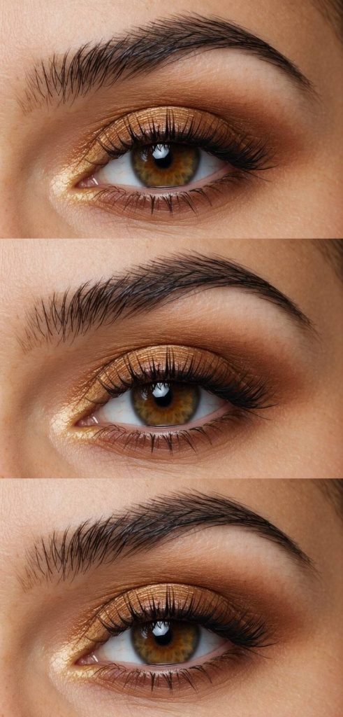 Thanksgiving eye makeup idea with champagne shimmer on the lids, golden inner corner accent, and a softly smoked brown outer crease for effortless holiday glam.