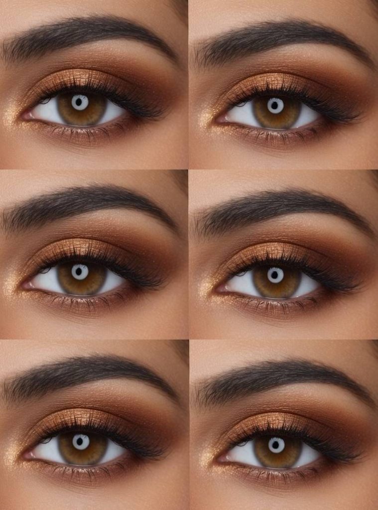 Thanksgiving eye makeup idea showcasing a warm bronze shimmer base, seamless chocolate brown crease, and a touch of gold glow at the tear duct.