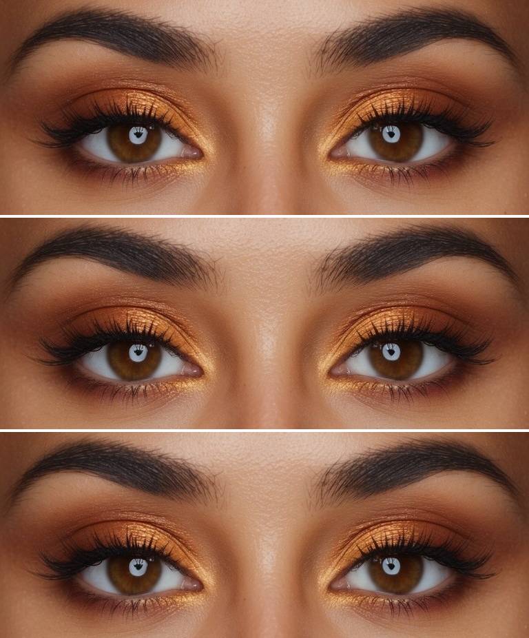 Thanksgiving eye makeup idea with bold burnt orange shimmer on the lids, warm golden highlights near the tear duct, and soft brown shadow in the crease.