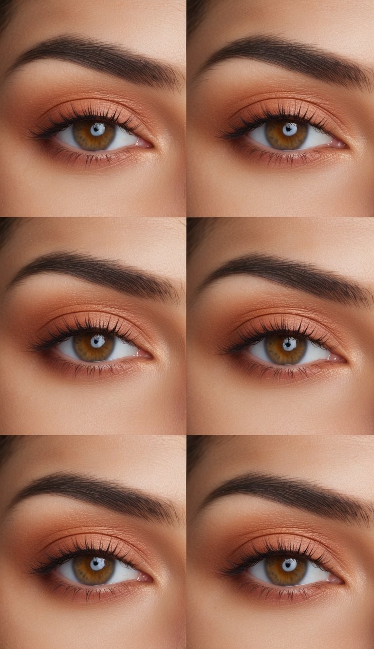 Thanksgiving eye makeup idea with a halo of muted orange eyeshadow on the lid, paired with delicate earthy tones to create a dreamy fall softness.