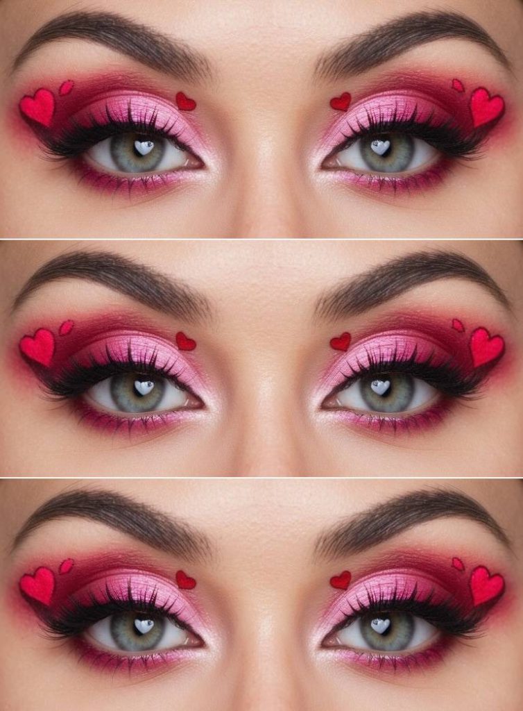 Valentine's Day Eye Makeup Ideas featuring bright pink shimmer eyeshadow, rosy blending, decorative red hearts, and bold lashes emphasizing the eyes.