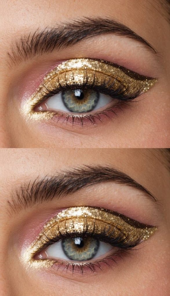 Valentine's Day Eye Makeup Ideas inspired by molten gold shimmer, showing glittering eyeshadow, soft pink blending, and a glowing winged edge.