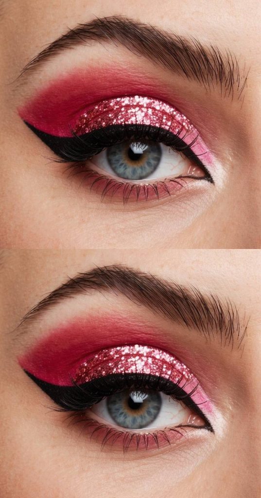 Valentine's Day eye makeup ideas showcasing deep red eyeshadow, pink glitter across the lid, and a sharp black winged liner framing the eye.