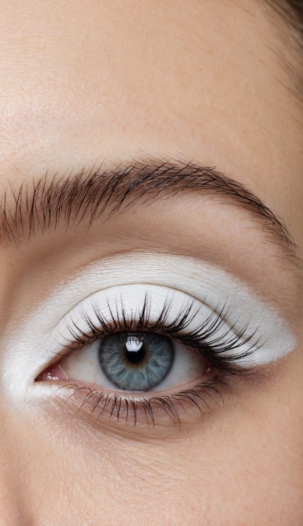 White eye makeup idea with smooth matte white base and light taupe shading above the crease