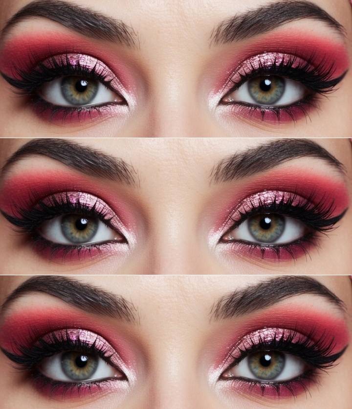 Valentine's Day eye makeup ideas showcasing red-toned eyeshadow, luminous pink shimmer on the lids, blended edges, and full lashes for a glamorous finish.