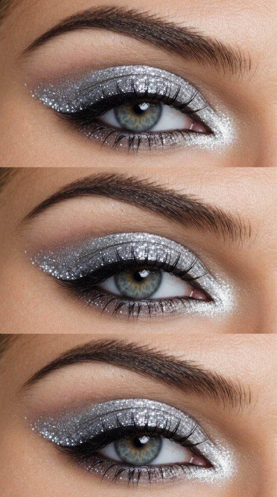 Valentine's Day eye makeup ideas featuring reflective silver eyeshadow, smooth blending along the crease, and structured lashes enhancing the eye shape.