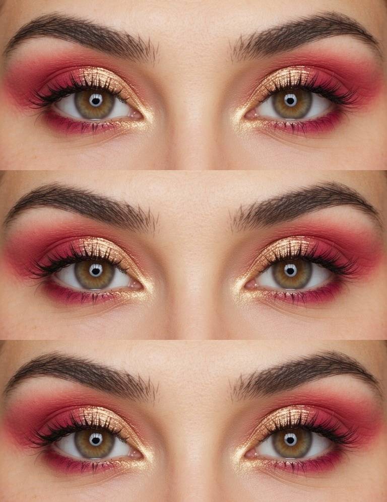 Valentine's Day eye makeup ideas with diffused red eyeshadow, gold shimmer highlights, smooth blending, and an elegant, well-defined appearance.