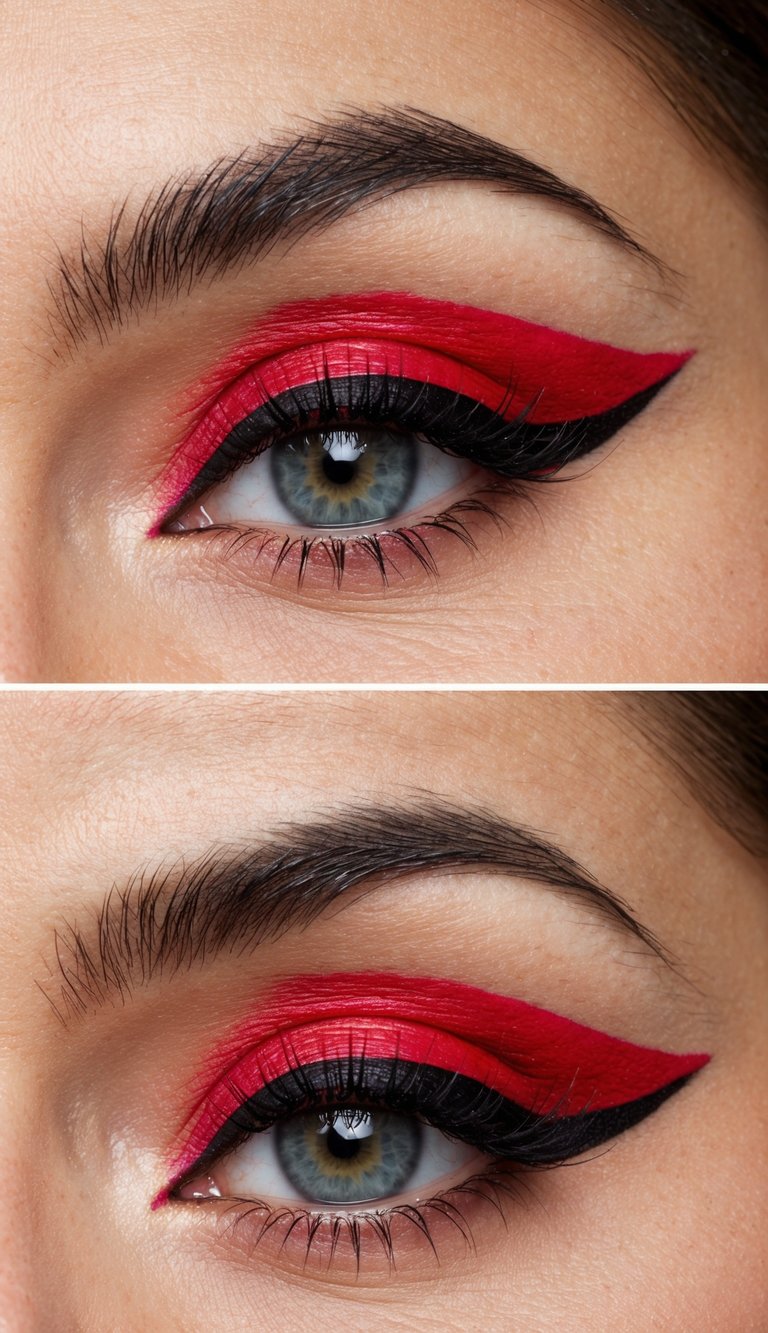 Valentine's Day eye makeup ideas featuring vivid scarlet eyeshadow shaped into a precise wing, minimal blending, and a clean, editorial appearance.