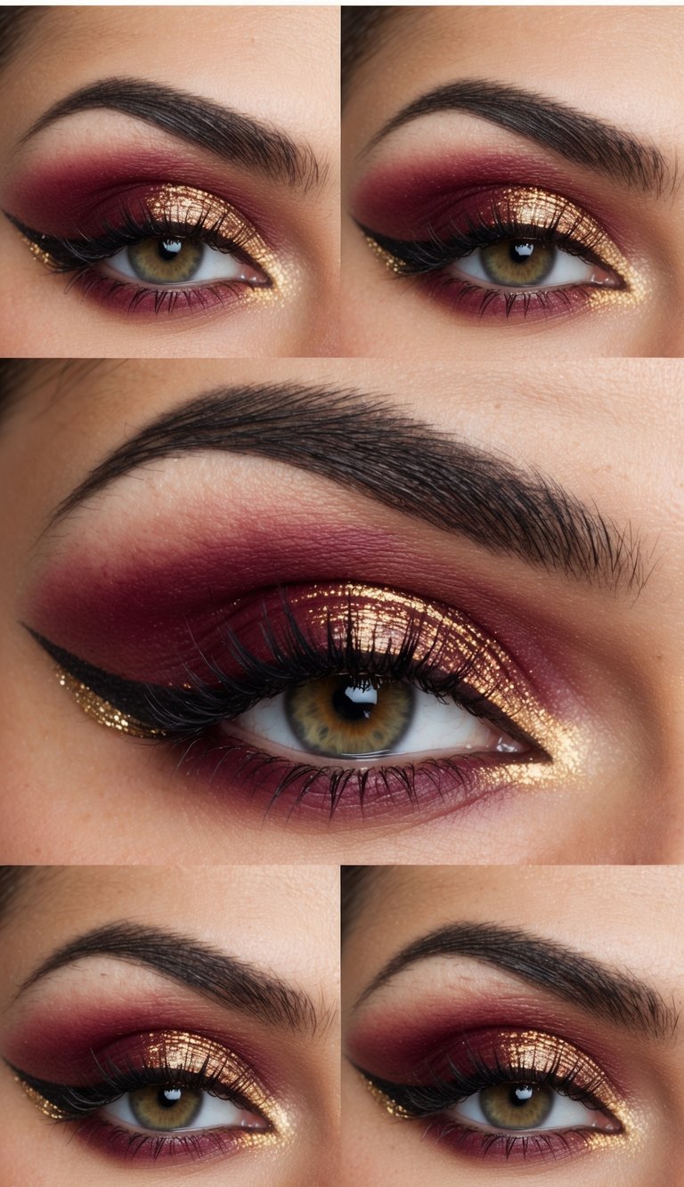 Valentine's Day eye makeup ideas featuring burgundy eyeshadow, gold shimmer on the lid, softly smoked edges, and defined lashes creating a rich, romantic effect.