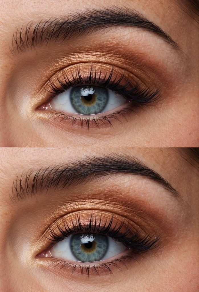 Valentine's Day eye makeup ideas with warm bronze eyeshadow, minimal blending, natural lashes, and a clean, softly defined eye look.