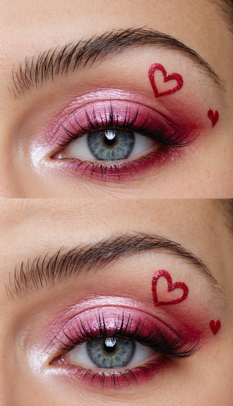 Valentine's Day eye makeup ideas with blush-toned shimmer eyeshadow, smooth blending, and precise heart accents near the outer corner.