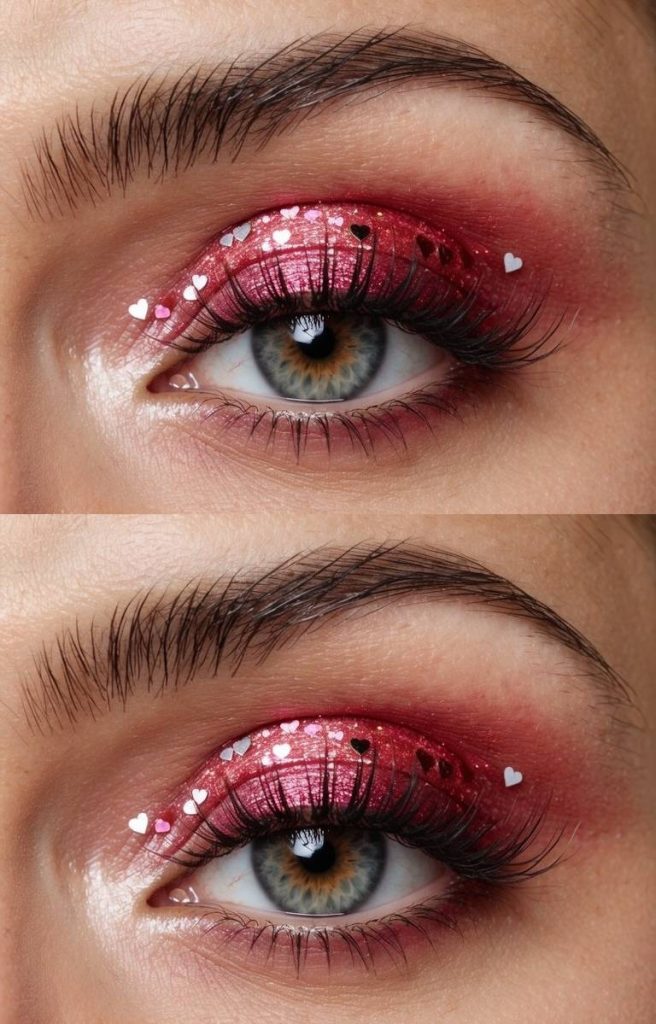 Close-up of an eye with vibrant pink and red glitter eyeshadow adorned with small heart-shaped decorations on the eyelid, complemented by long eyelashes and well-defined eyebrows.