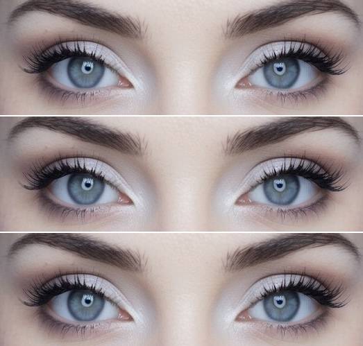 White eye makeup idea with frosty shimmer base blended into taupe and soft brown for smoky dimension