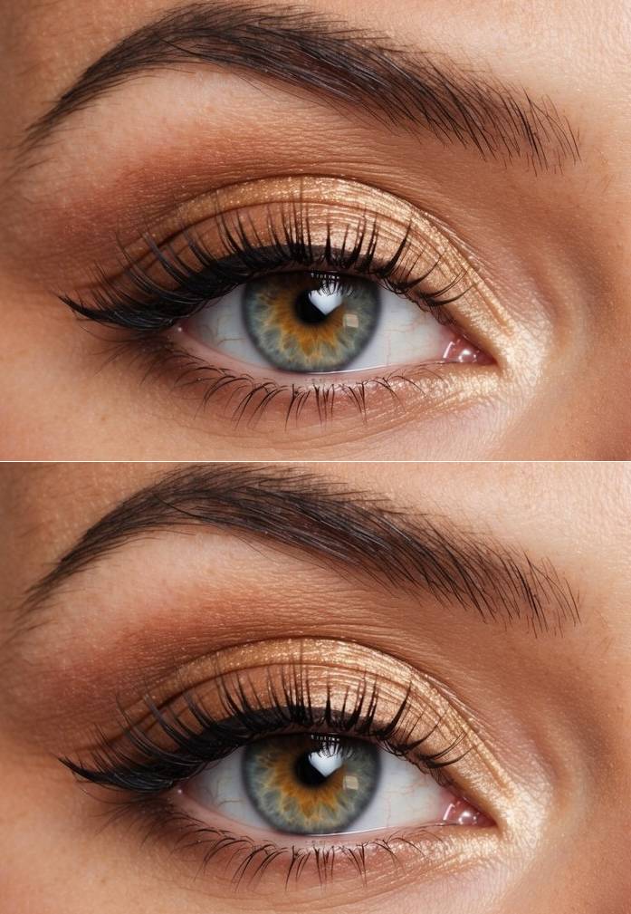 Valentine's Day eye makeup ideas with warm gold eyeshadow, subtle contouring, natural lashes, and a clean, softly defined eye look.