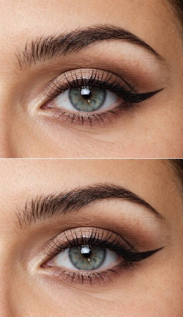 Valentine's Day eye makeup ideas featuring neutral beige-brown eyeshadow, a thin black winged liner, soft lashes, and a clean, natural finish.