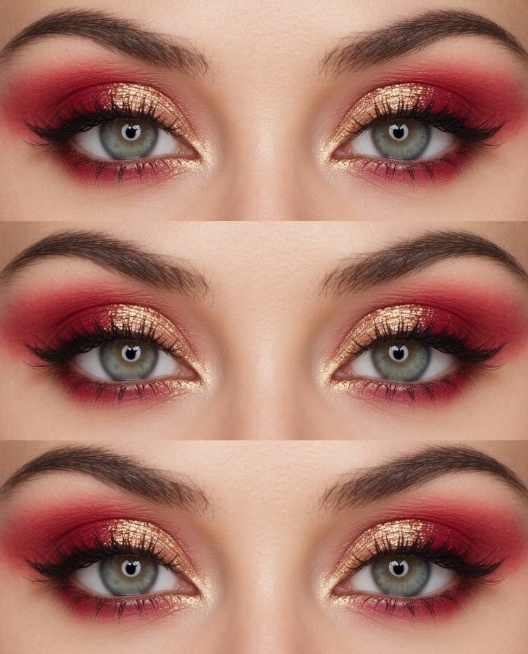 Valentine's Day eye makeup ideas inspired by red and gold tones, featuring glowing gold shimmer, deep red shading, and softly blended edges.