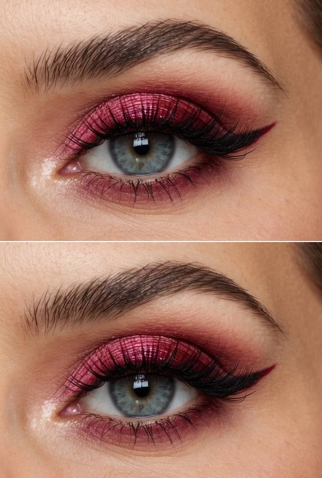 Valentine's Day eye makeup ideas featuring luminous berry pink eyeshadow, softly smoked edges, and a sleek winged finish.