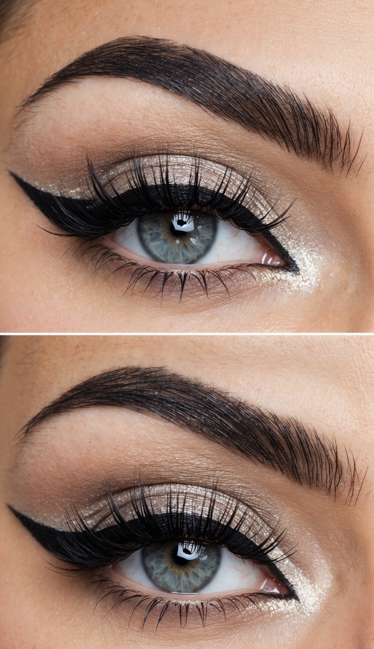 A sleek cat eye makeup look with sharp winged eyeliner and shimmering eyeshadow, framed by long lashes and defined brows