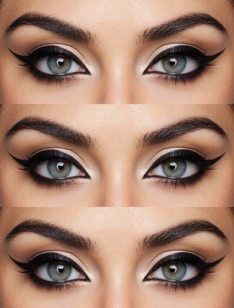 Eye-level beauty image highlighting cat eye makeup ideas with neutral smoky tones, champagne shimmer on lids, taupe-brown crease blending, and a clean black winged liner.