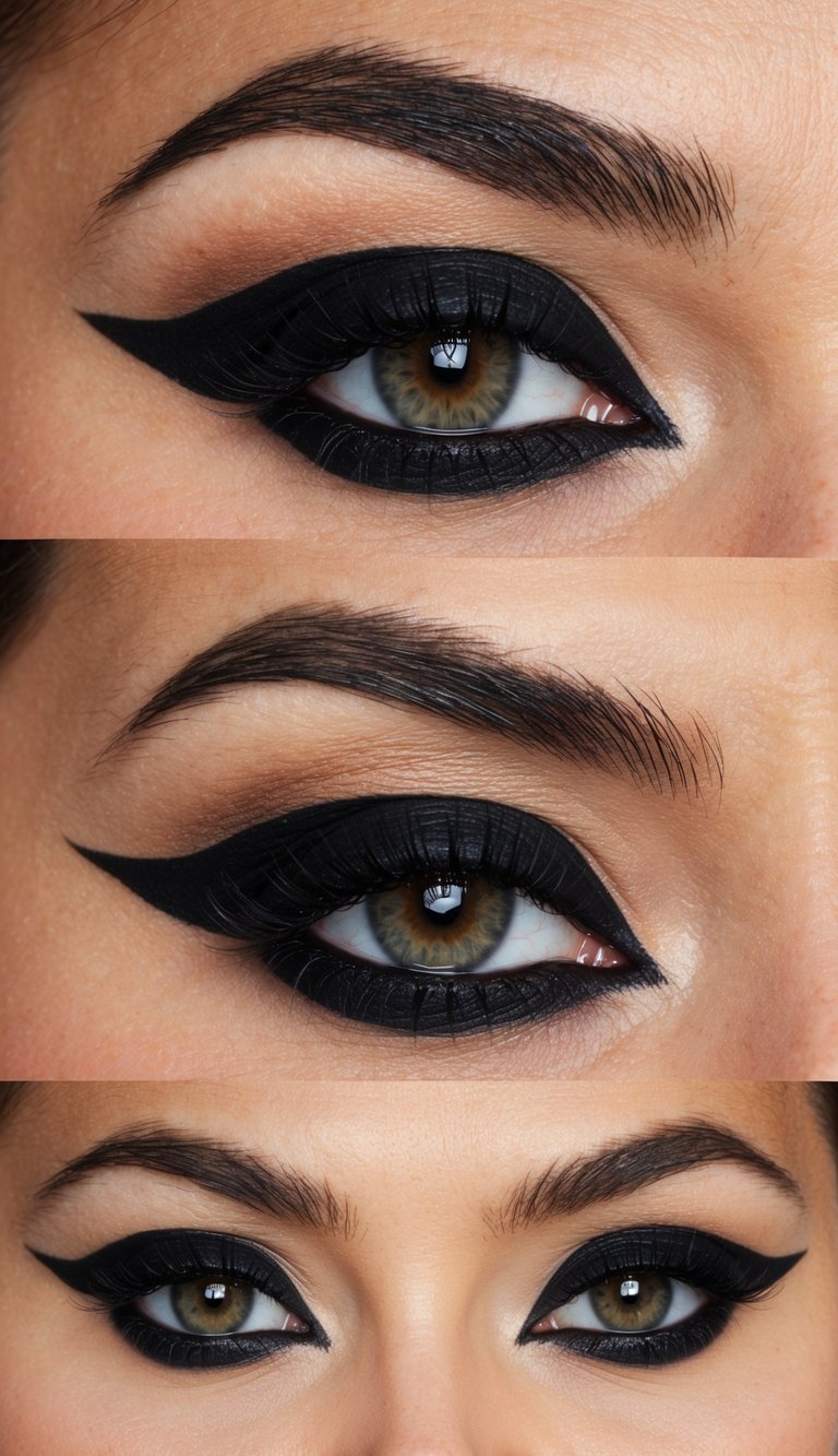 Close-up beauty image featuring cat eye makeup ideas with matte black eyeshadow, an extended sharp winged eyeliner, subtle neutral crease shading, and thick, voluminous lashes.