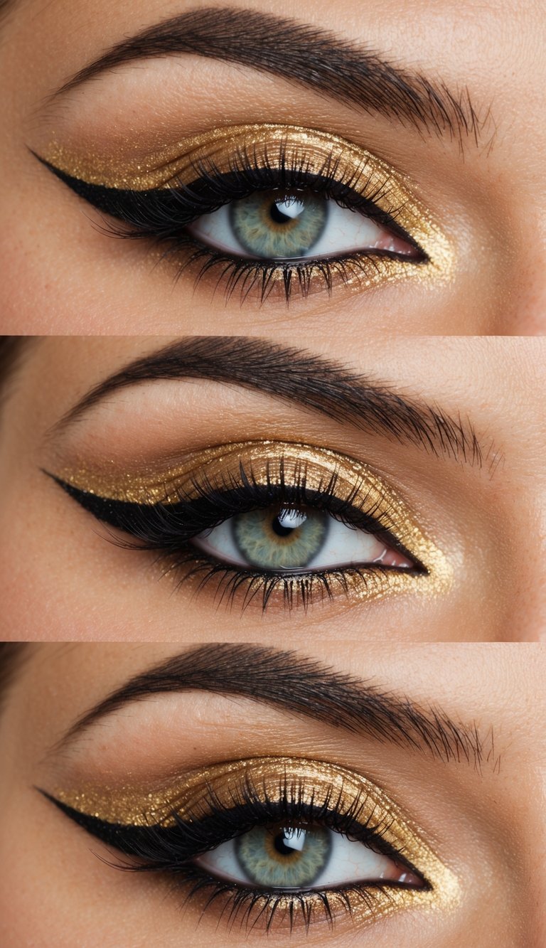Close-up beauty shot featuring cat eye makeup ideas with gold shimmer eyeshadow, warm brown crease shading, fluttery lashes, and a clean, elongated black wing.