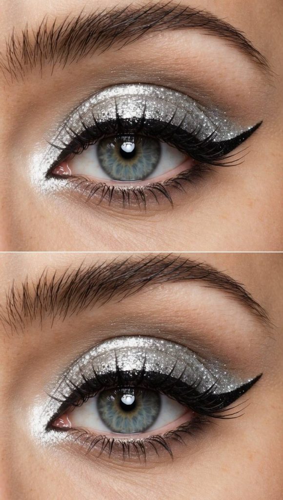 Detailed eye makeup look highlighting cat eye makeup ideas with reflective silver shimmer eyeshadow, soft brown crease tones, defined lashes, and an elongated black wing.