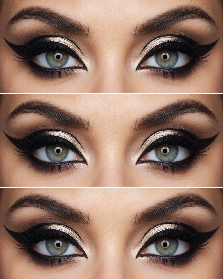 Detailed eye makeup image highlighting cat eye makeup ideas with neutral champagne lids, blended brown crease tones, extended black winged liner, and voluminous lashes.