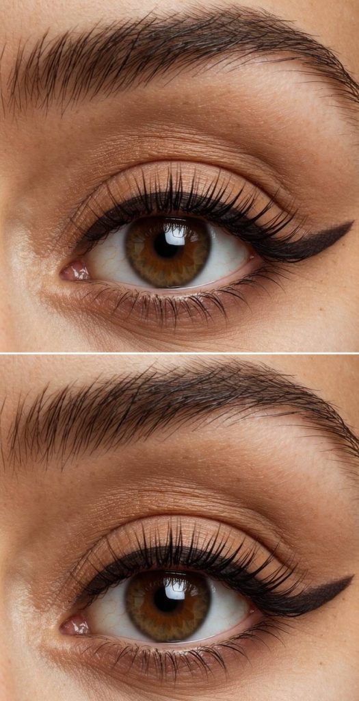 Front-facing beauty image displaying cat eye makeup ideas with warm neutral eyeshadow, soft blended lid color, subtle black winged eyeliner, and lightly defined lashes.