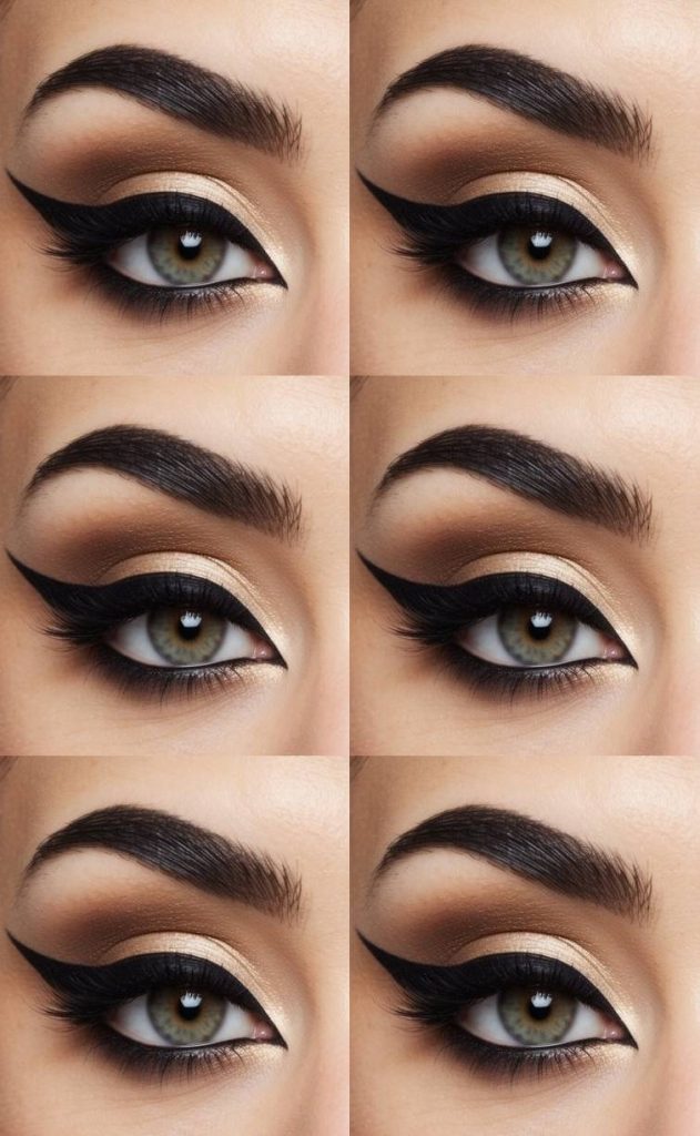 Detailed eye image showing cat eye makeup ideas with classic gold eyeshadow, diffused brown crease tones, strong black winged liner, and softly blended lower lashes.