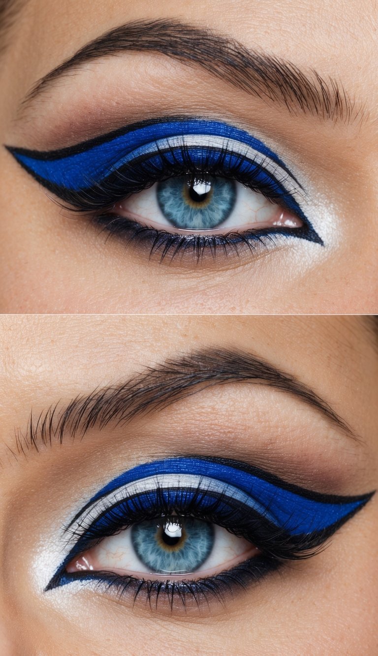 Close-up eye makeup showing cat eye makeup ideas with vivid cobalt blue winged liner, white cut-crease detail, soft neutral crease shading, and defined lashes.