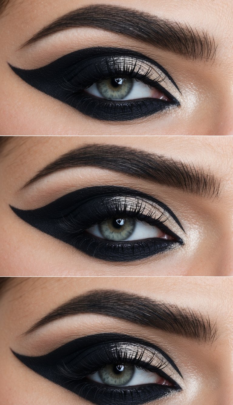 Close-up eye makeup showing cat eye makeup ideas with deep matte black eyeshadow, dramatic elongated winged liner, subtle neutral crease shading, and softly defined lower lashes.