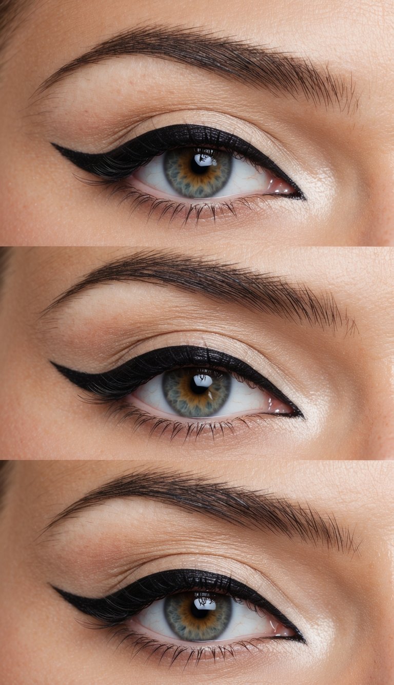 Close-up eye photo showing cat eye makeup ideas with sheer champagne eyeshadow, subtle warm crease tones, minimal black winged eyeliner, and softly defined lashes.