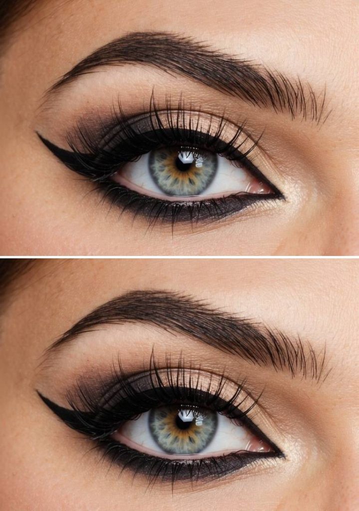 Detailed beauty image featuring cat eye makeup ideas with subtle champagne lid shimmer, blended neutral brown crease tones, thin black winged liner, and soft lash emphasis.