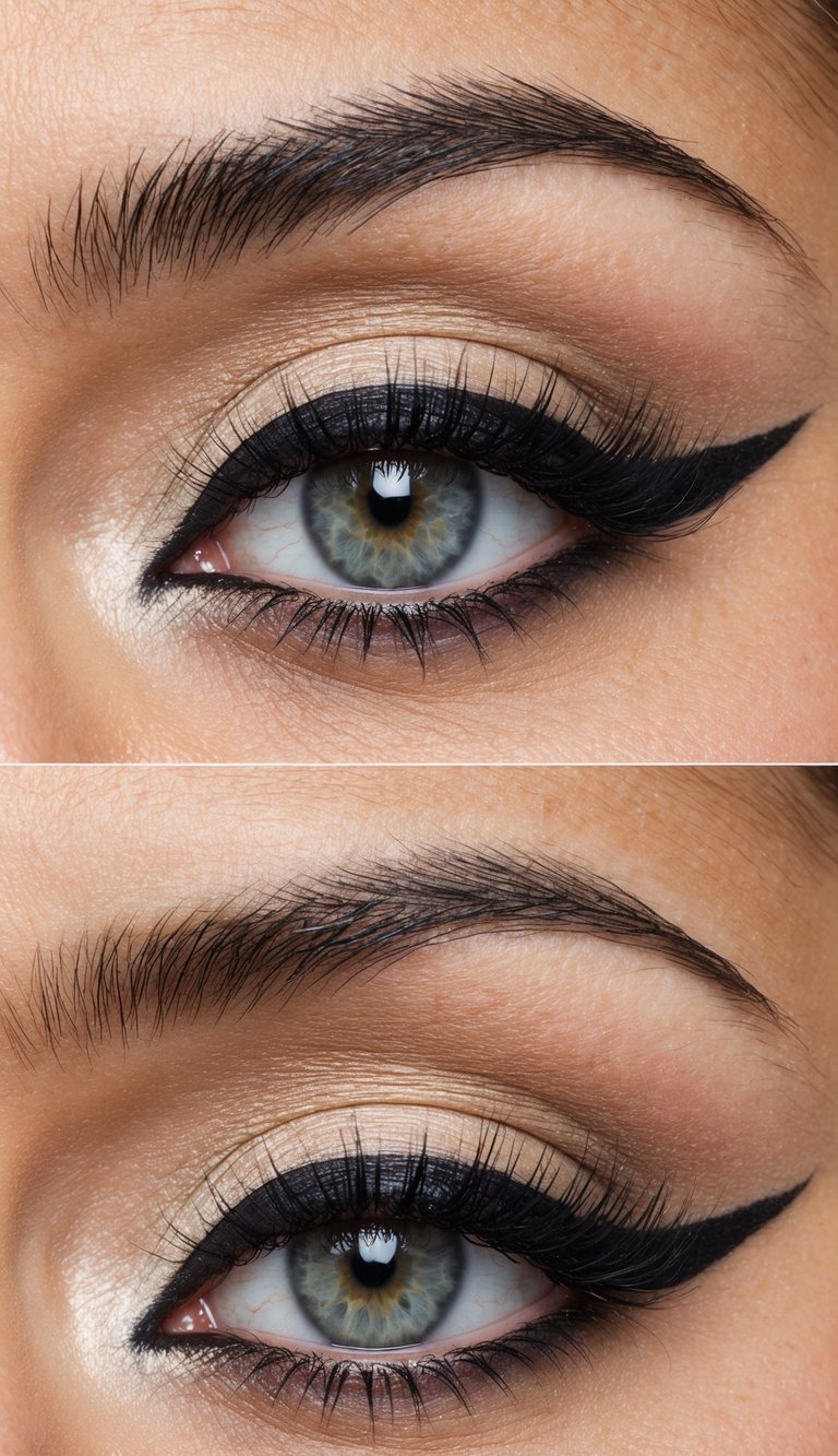 Cat eye makeup ideas shown with champagne-beige eyeshadow, subtle warm crease blending, a sharply angled black winged liner, and natural lashes in a close-up eye image.