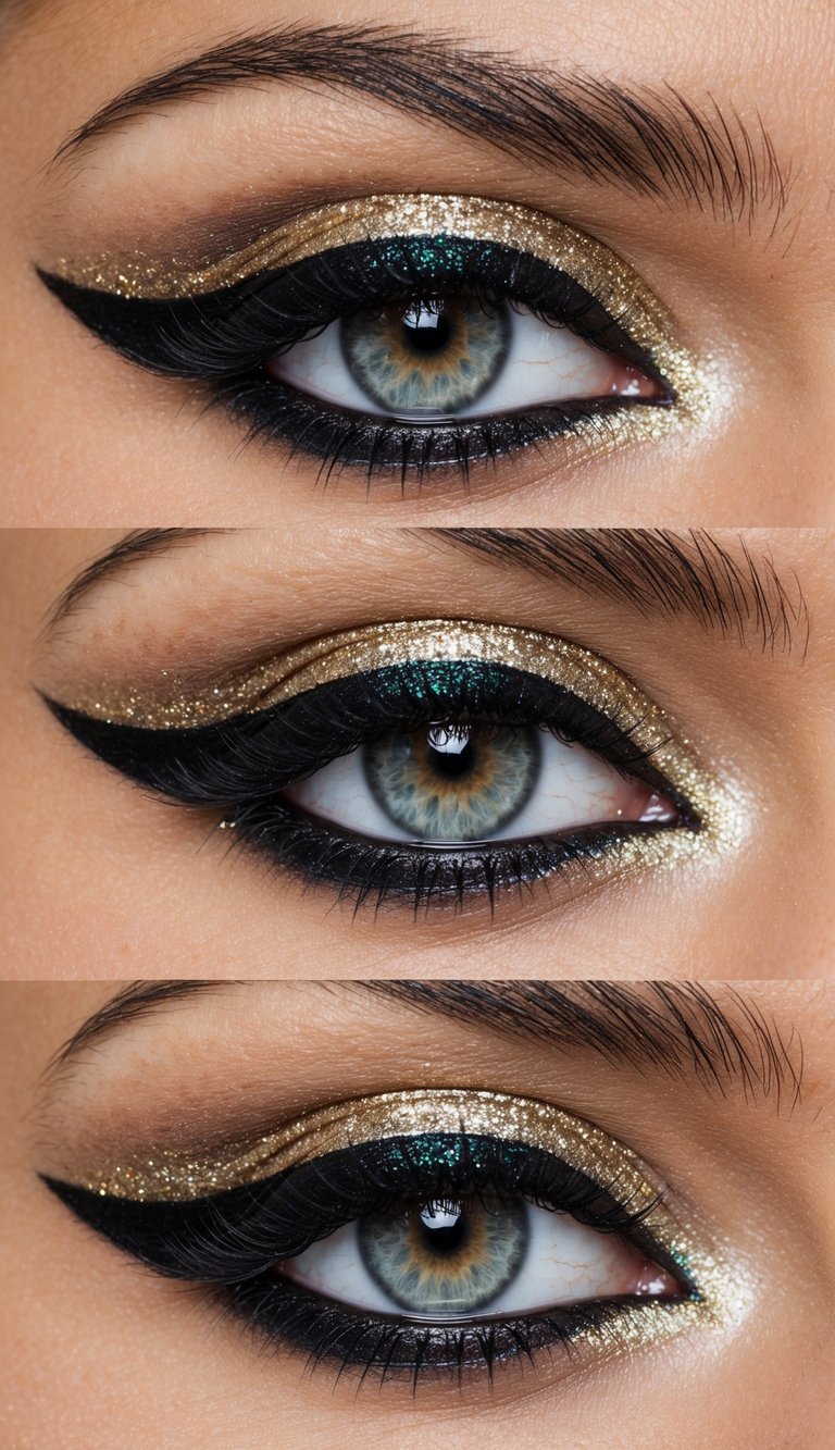 Close-up eye photo featuring cat eye makeup ideas with bold gold glitter eyeshadow, deep black winged eyeliner, muted brown crease tones, and defined lashes.