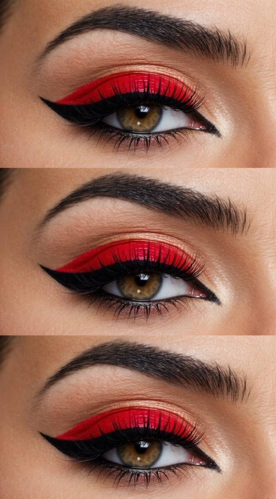 Cat eye makeup ideas featuring bold red eyeshadow across the lid, a sharp black winged eyeliner, warm beige crease blending, and defined lashes in a close-up eye view.