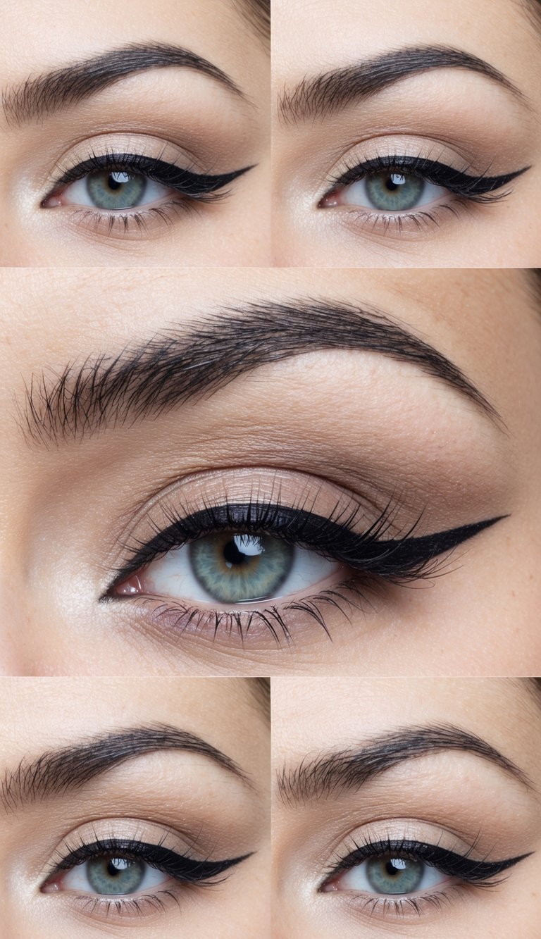 Cat eye makeup ideas displayed with light beige eyeshadow, minimal warm crease blending, a refined black winged liner, and natural lower lash definition.