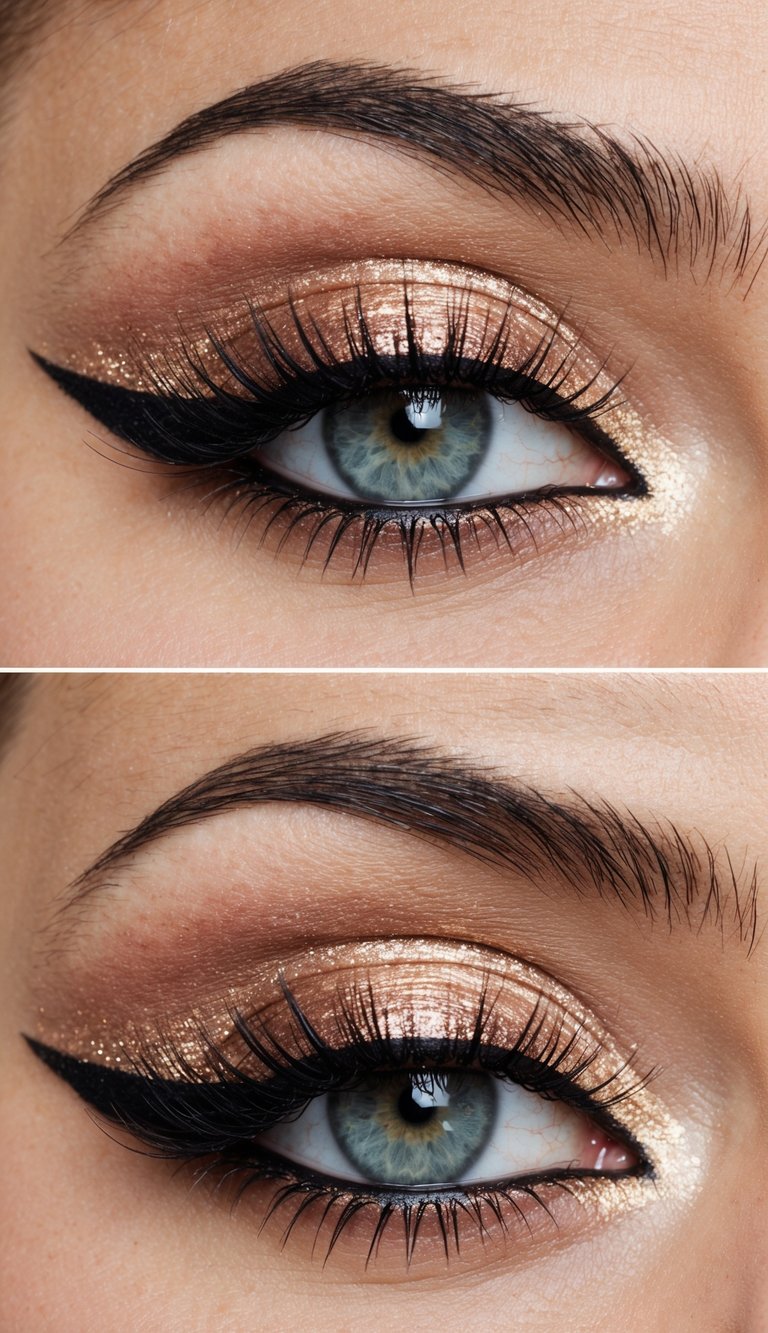 Close-up eye photo featuring cat eye makeup ideas with luminous rose-gold eyeshadow, softly blended brown crease tones, sleek black winged liner, and voluminous lashes.