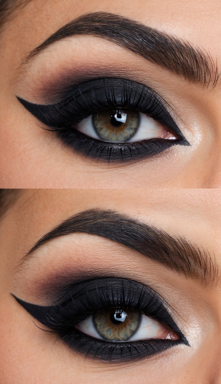 Cat eye makeup ideas displayed with velvety matte black eyeshadow, controlled brown crease blending, crisp extended winged liner, and structured lash volume.
